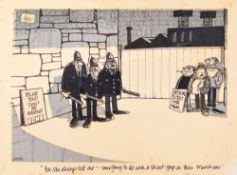 GREN original cartoon on card - relating to police membership of the masons and the miners' strike