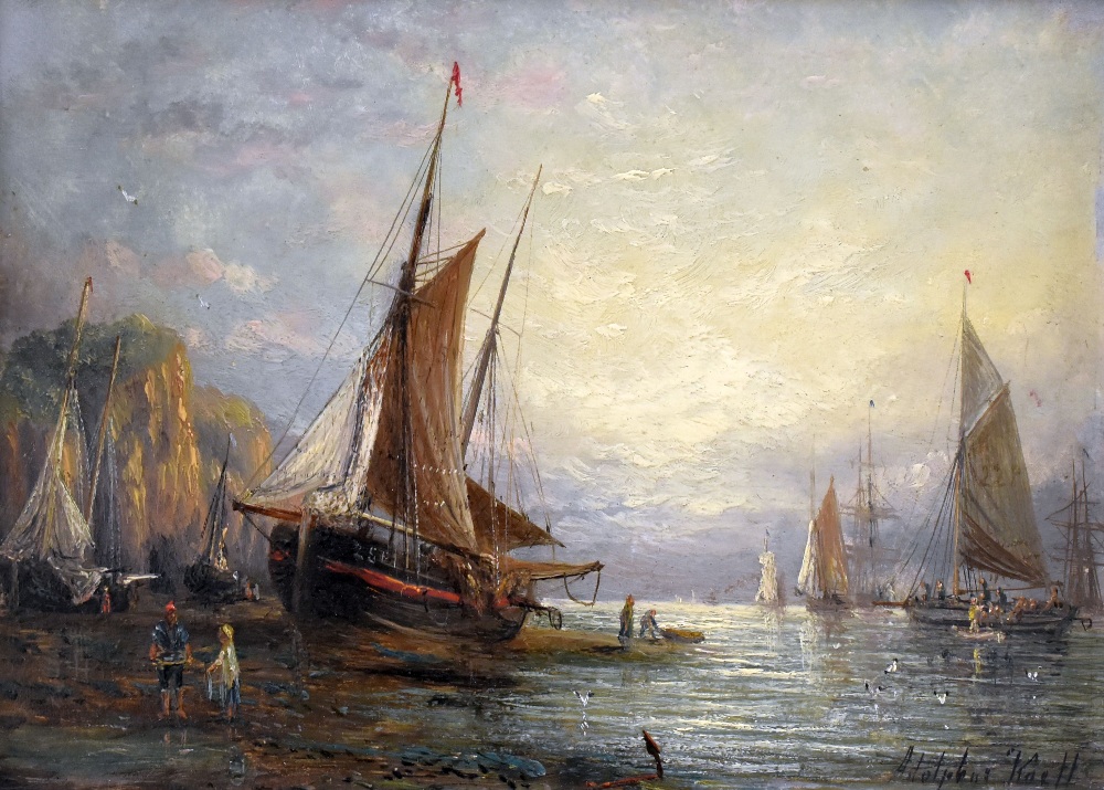 ADOLPHUS KNELL oil on board - busy maritime coastal scene with beached ships, figures and vessels
