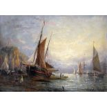 ADOLPHUS KNELL oil on board - busy maritime coastal scene with beached ships, figures and vessels