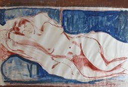 JOHN HAYES mixed media - reclining female nude, signed, 50 x 71cms