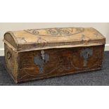 A STUDDED DOME TOPPED CHEST WITH IRON CARRY HANDLES, 102 x 45 cms