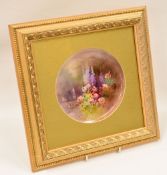 ROYAL WORCESTER PORCELAIN PLAQUE in circular format and painted with garden flowers by Edward