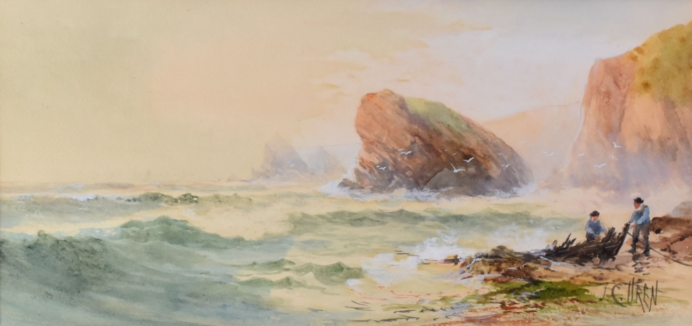 JOHN C UREN watercolours, a pair - Cornish coastal scenes, signed, 17 x 34cms - Image 2 of 2