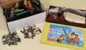 QUANTITY OF VINTAGE TOYS comprising a parcel of Hornby clock-work tin-plate, a tin of old Meccano,