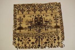 A GOOD UNFRAMED SAMPLER BY 18 YEAR OLD MILLICENT LLEWELLYN, DATED 1818, featuring a centre school-