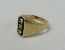 GENTS 14ct GOLD SIGNET RING SET WITH THREE GOOD DIAMONDS IN A ROW, 6.7gms