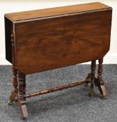 AN ANTIQUE MAHOGANY SUTHERLAND TABLE on castors with turned stretchers and supports, 76 x 71 cms