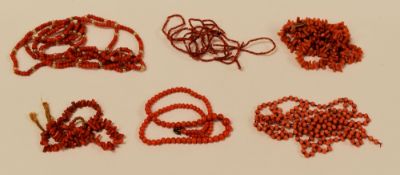 SIX VARIOUS NATURAL PINK-CORAL NECKLACES