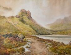 ARTHUR SUKER watercolour - lake scene with misty mountains, signed, 46 x 59cms