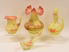 FOUR VARIOUS ITEMS OF FENTON ART GLASS each of similar frosted and floral appearance and with