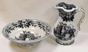 A NINETEENTH CENTURY STAFFORDSHIRE JUG AND BASIN monochrome decorated with garden scenes and with