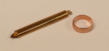 A 9ct GOLD PENCIL & 9ct WEDDING BAND, 7gms total