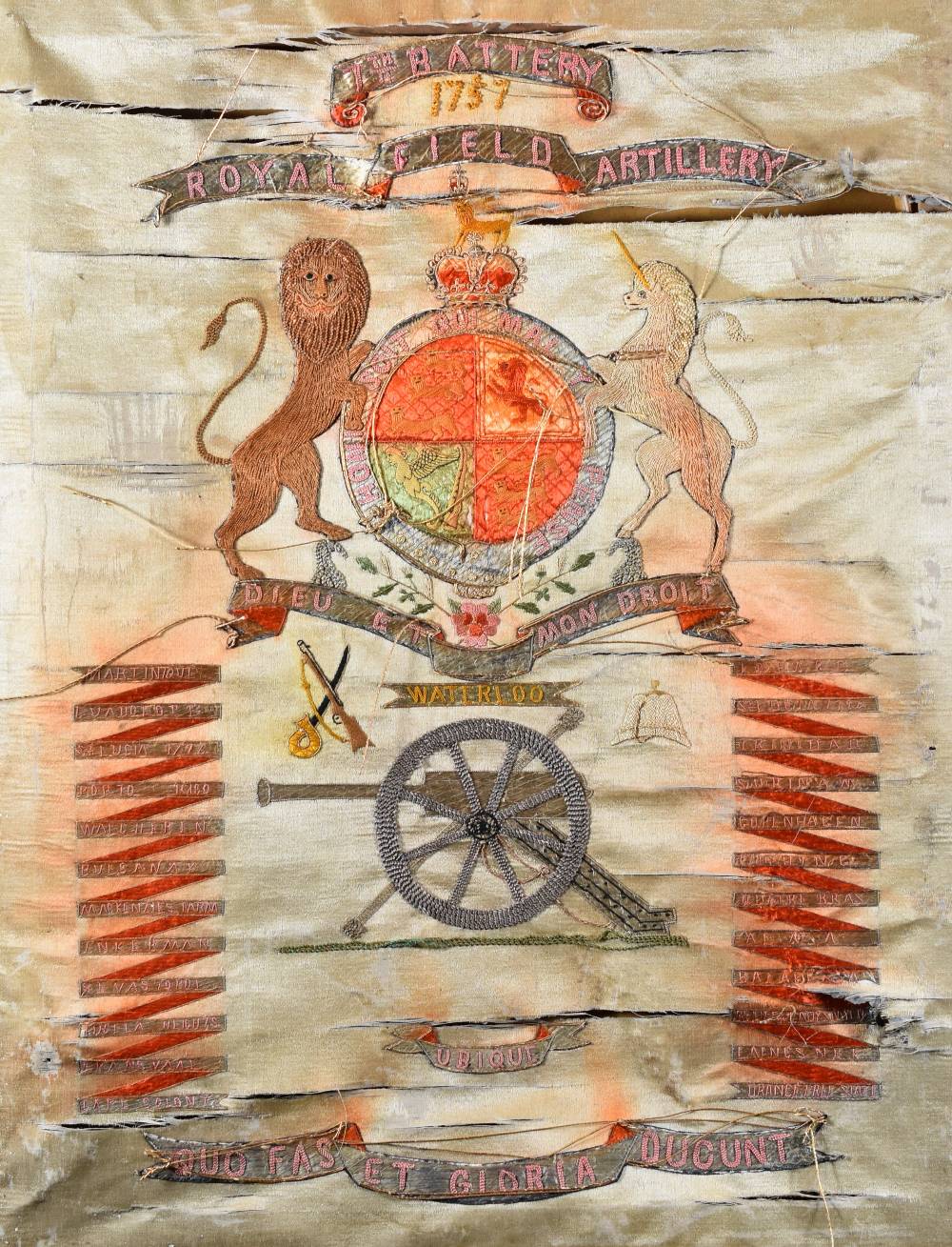 NINETEENTH CENTURY SILK EMBROIDERY PANEL RELATING TO WATERLOO commemorating Royal Field Artillery