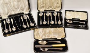 FOUR CASED SILVER CUTLERY SETS, 7.3ozs (excluding non-silver knife)