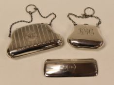 TWO VINTAGE SILVER PURSES & A SILVER SPECTACLES-CASE, the largest purse with machine-turn decoration