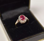 9ct GOLD, RUBY AND DIAMOND CLUSTER RING, 2.2gms
