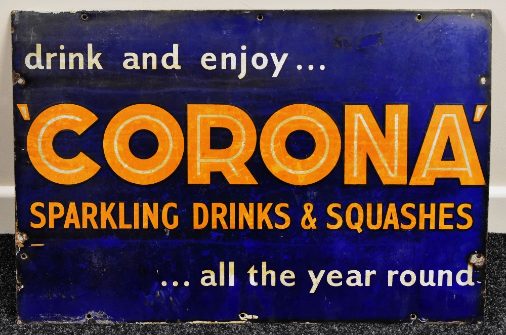 VINTAGE ENAMEL ADVERTISING SIGN FOR CORONA sparkling drinks and squashes, 51 x 66 cms