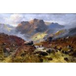 J.MAURICE oil on canvas - expansive mountain scene with mountain stream and cottage with smoking