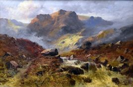 J.MAURICE oil on canvas - expansive mountain scene with mountain stream and cottage with smoking