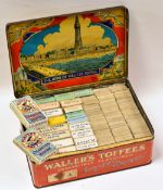 A LARGE QUANTITY OF MIXED CIGARETTE CARDS IN A VINTAGE TOFFEE TIN