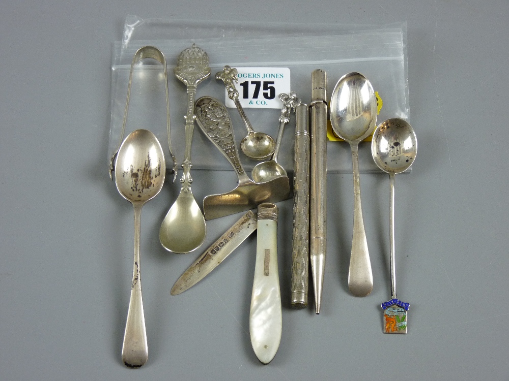 A small parcel of mixed spoons, two silver pencils, a silver bladed and mother of pearl penknife