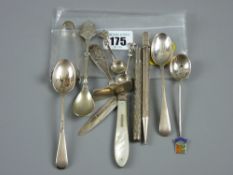 A small parcel of mixed spoons, two silver pencils, a silver bladed and mother of pearl penknife