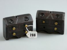 A pair of Welsh carved slate miniature bureaus with brass knobs, 8 x 10 cms approximately (chipped