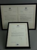 Three framed letters to the late Miss Beata Brookes MEP from Prime Minister John Major, dated 28th