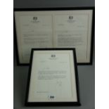 Three framed letters to the late Miss Beata Brookes MEP from Prime Minister John Major, dated 28th