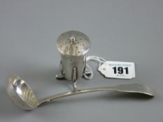 A fiddle pattern silver cream ladle, 1.6 troy ozs, Dublin 1825 and a beaten silver shaped pepper pot