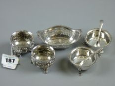 Silver salts - two pairs and one other, Birmingham 1919 plain pair with shaped rims on three paw