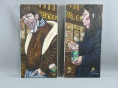 CARL F HODGSON acrylics on canvas, a pair - each depicting a street figure out of work - 'Gizza