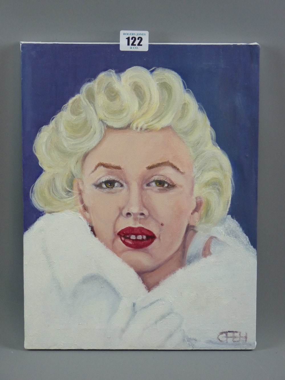 CARL F HODGSON acrylic on canvas - head and shoulders portrait of Marilyn Monroe, monogrammed, 35