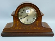 An Edwardian inlaid mahogany chiming mantel clock with pendulum and key (care needed, dial door