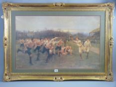 After WILLIAM BARNES WOLLEN coloured print - early rugby scene in progress with crowds in a stand,