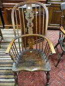 A 19th Century and later refurbished Windsor splat and spindlebacked elbow chair on turned