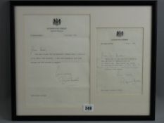 Two framed letters to the late Miss Beata Brookes MEP from Prime Minister Margaret Thatcher, dated