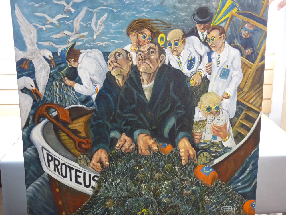 CARL F HODGSON large acrylic on canvas - a satirical criticism of the EU Fisheries Policy,
