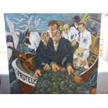 CARL F HODGSON large acrylic on canvas - a satirical criticism of the EU Fisheries Policy,