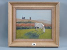 SARA JOHN oil on canvas - white horse grazing with ruins on a hill in the background, signed, 9.5