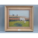 SARA JOHN oil on canvas - white horse grazing with ruins on a hill in the background, signed, 9.5
