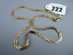 A fourteen carat gold tri-colour flat form necklet, 11 grms