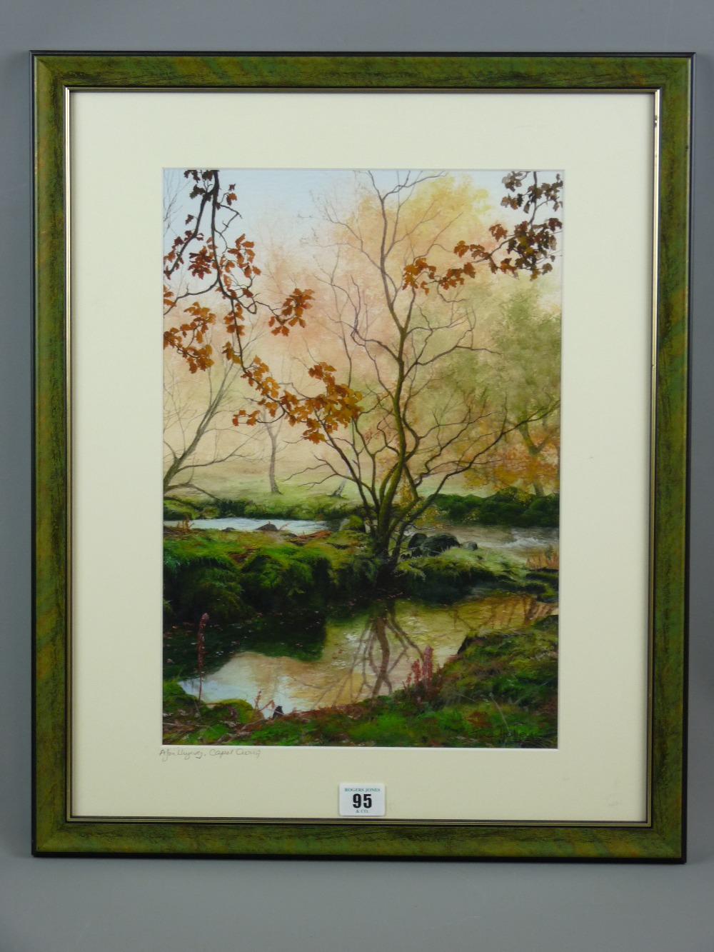 TINA HOLLEY coloured print - river and trees, entitled 'Afon Llugwy, Capel Curig, 39 x 27 cms