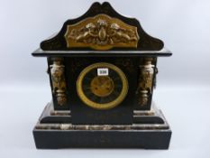 A large Victorian black slate and veined marble mantel clock, architecturally styled with gilt metal