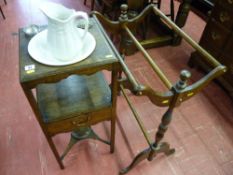 An antique oak single drawer nightstand with associated fittings and a reproduction oak towel rail