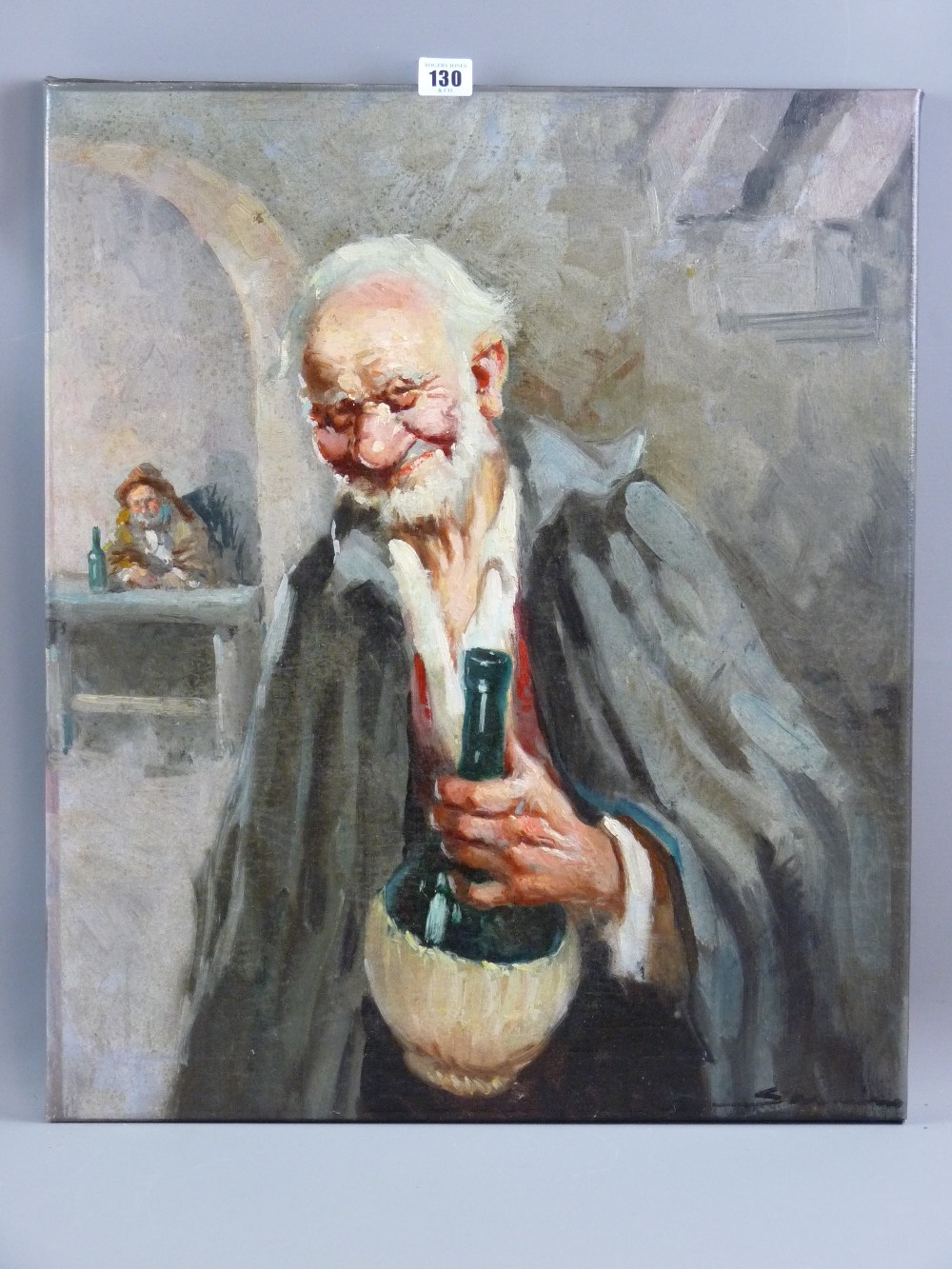 Continental School oil on canvas, unframed - a jovial bearded gentleman holding a wine flask,