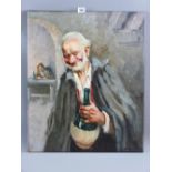 Continental School oil on canvas, unframed - a jovial bearded gentleman holding a wine flask,
