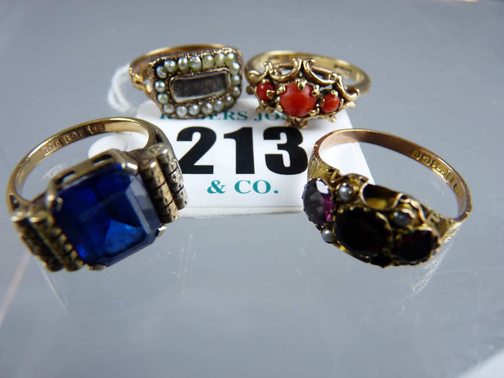 A parcel of four nine carat gold multi-precious stone dress rings, 14 grms total