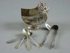 A Britannia metal sugar dredger with scrolled handle and bright cut leaf decoration, four 1937