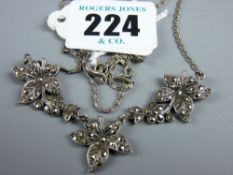 A silver necklet with triple floral marcasite pendant, 8.4 grms